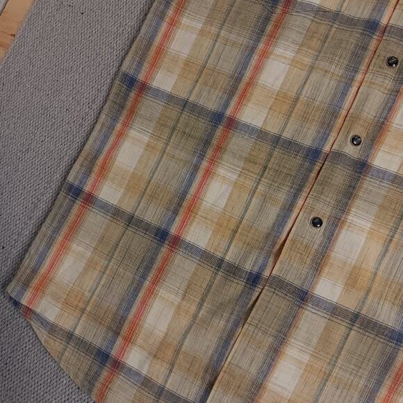 Vtg Walls Ranch Wear Western Shirt L Tan/Orange Plaid Pearl Snap Short Sleeve - Picture 4 of 15